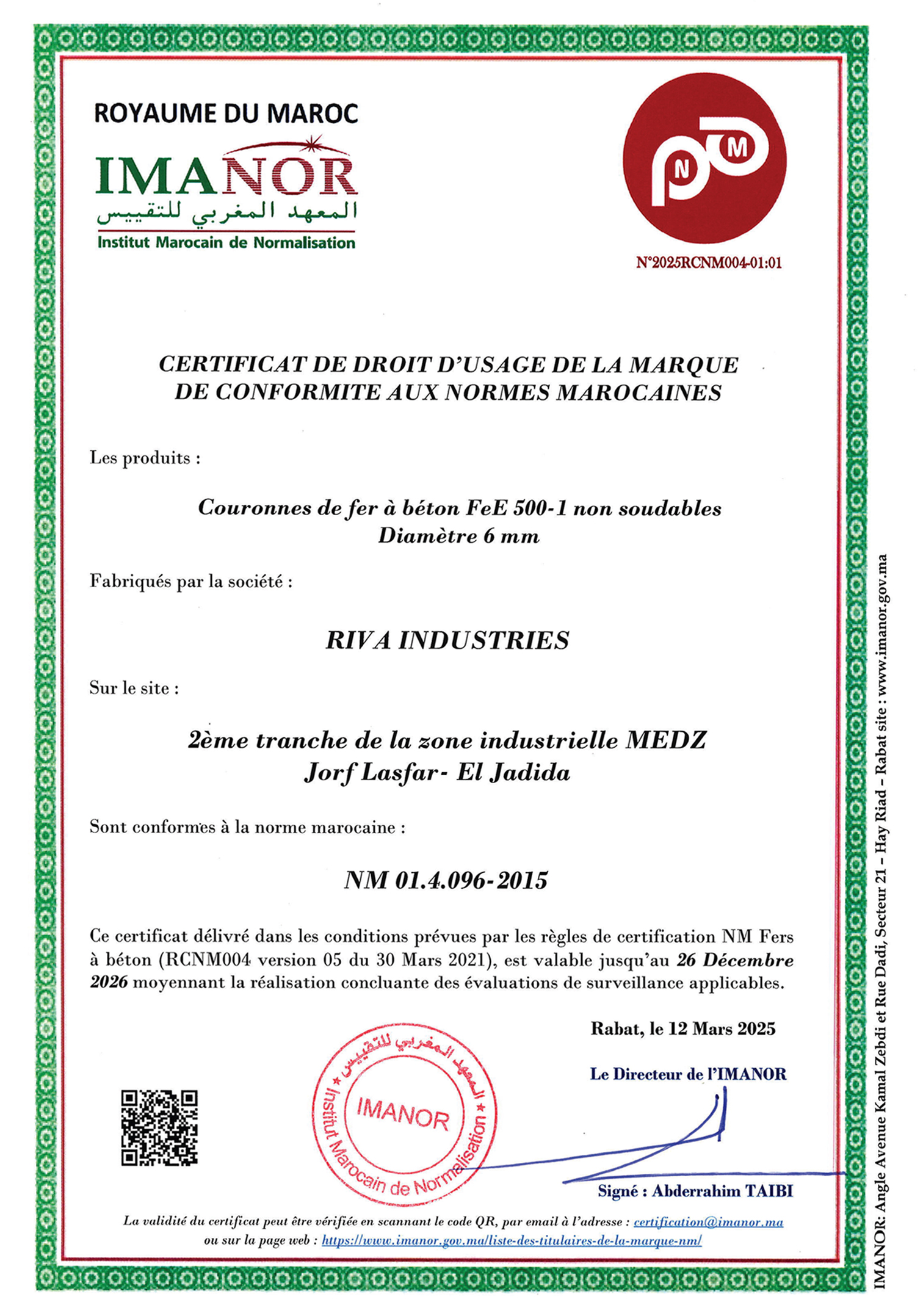 Certifications 2 CERTIFICAT NM RIVA INDUSTRIE 2023 barres fe500-1