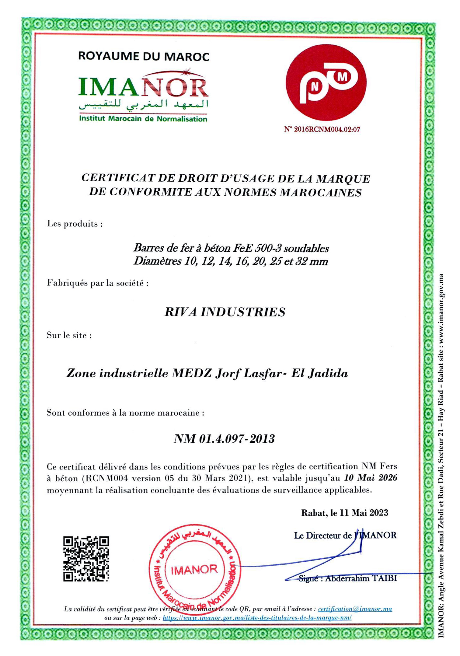 Certifications 4 CERTIFICAT NM RIVA INDUSTRIE FeE500-3 D 10-32